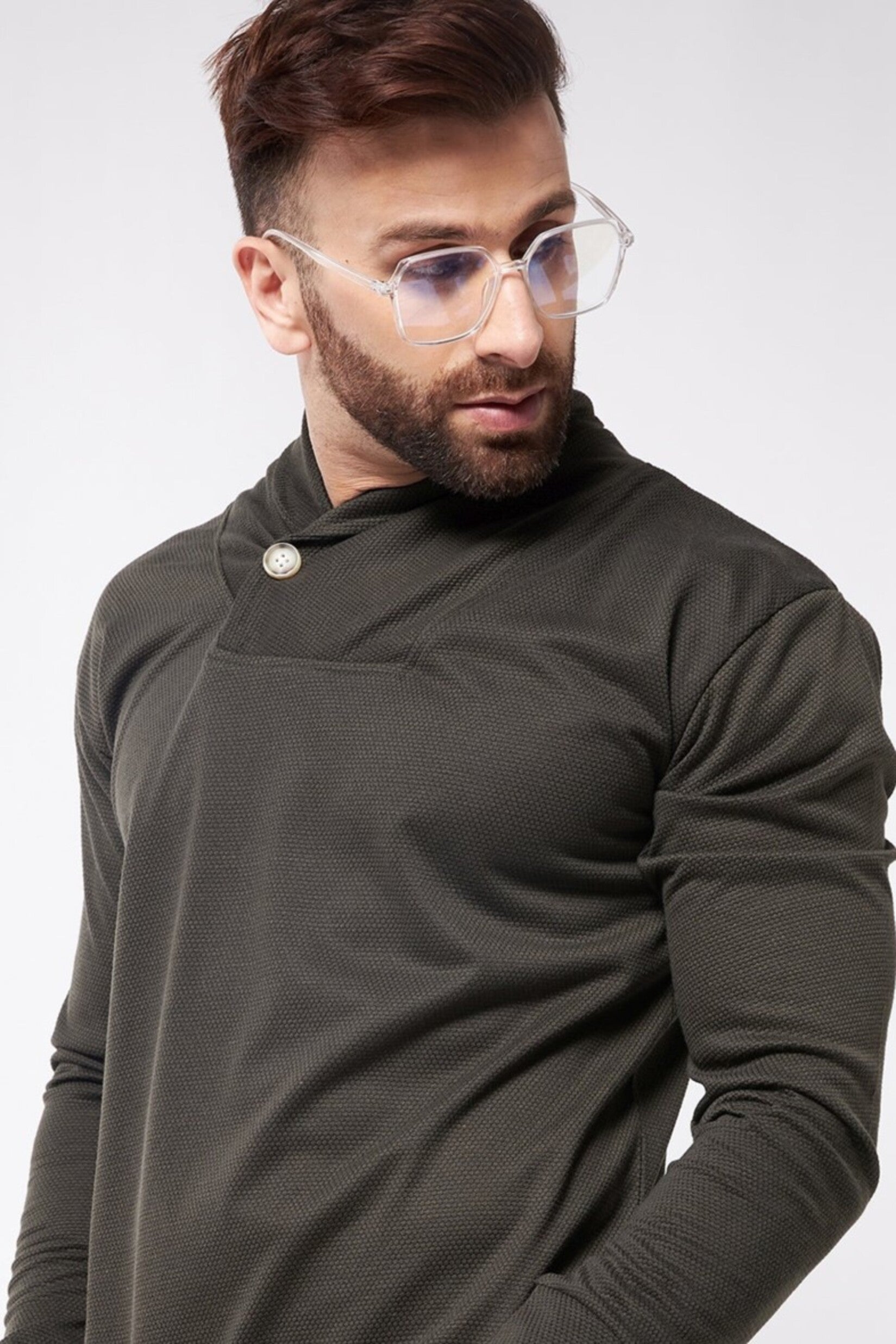 Olive Trendy Shawl Neck Sweatshirt