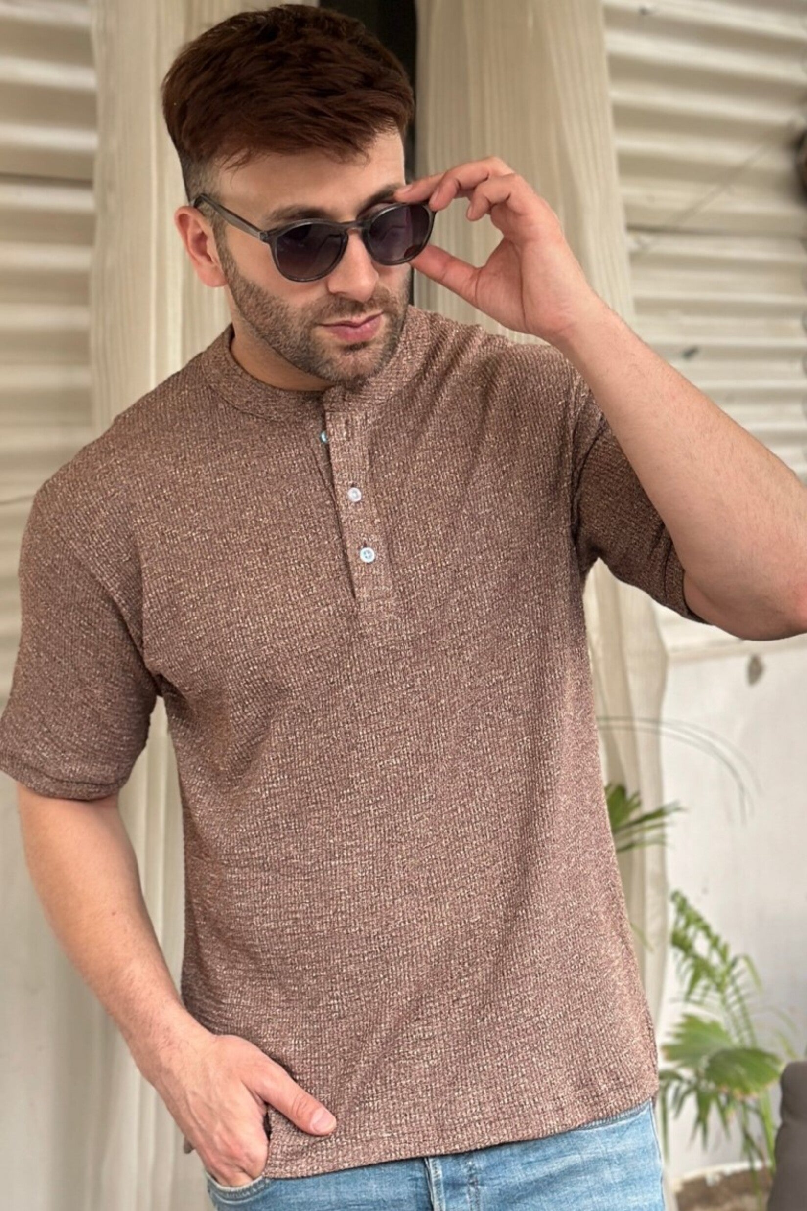 Brown Self Design Henley T-Shirt