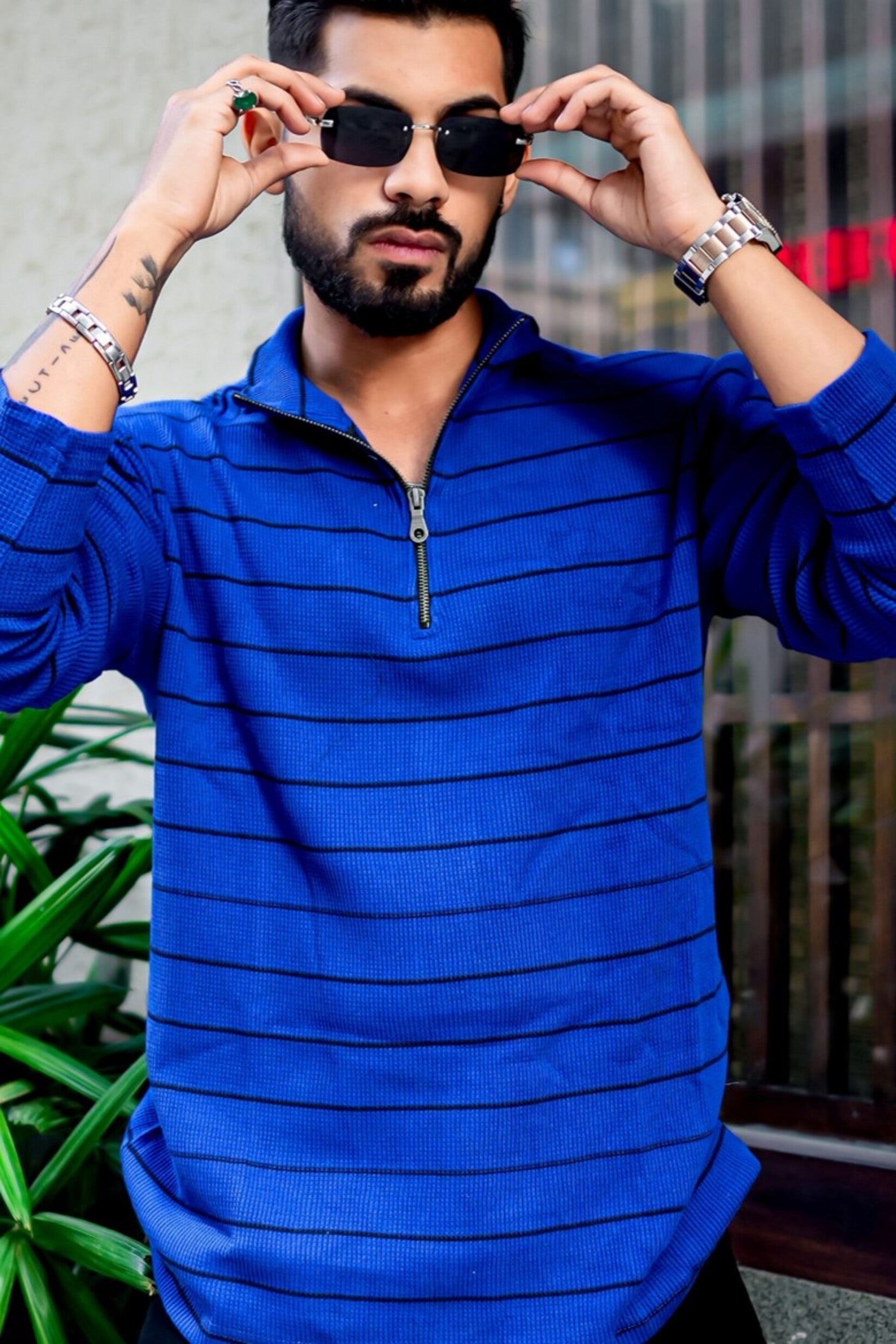 Royal Blue Ribbed Zipper T-Shirt