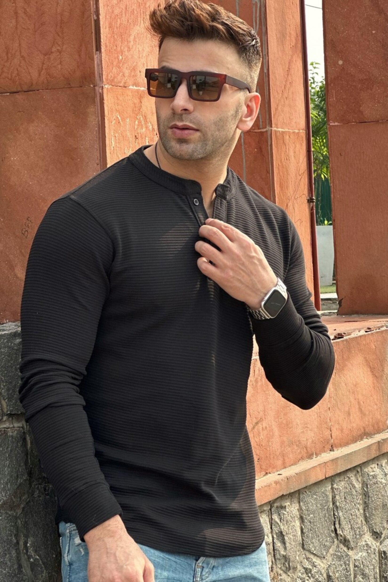 Black Self Design Henley Neck T-Shirt