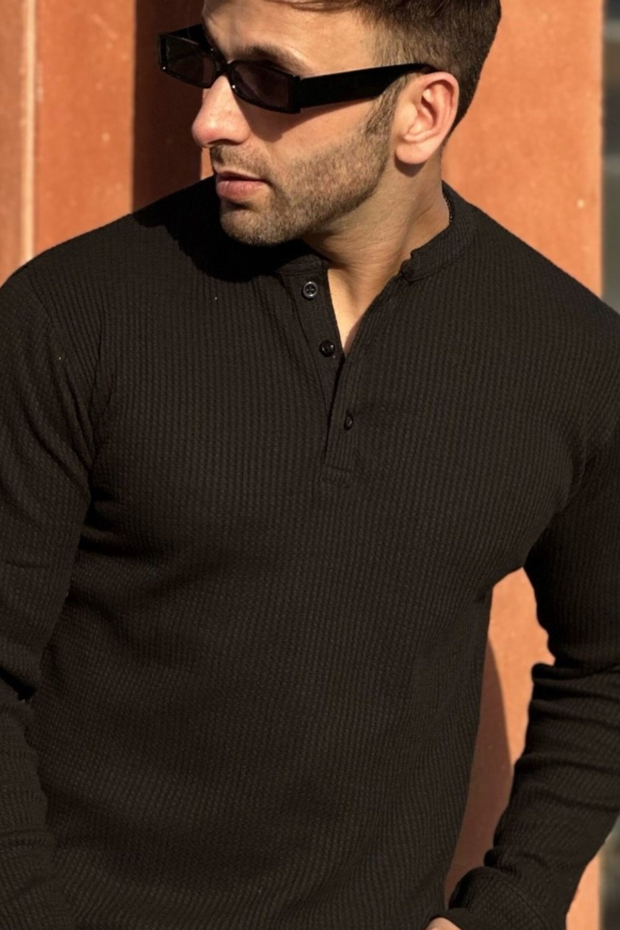 Black Self Waffle Knit Henley T-Shirt