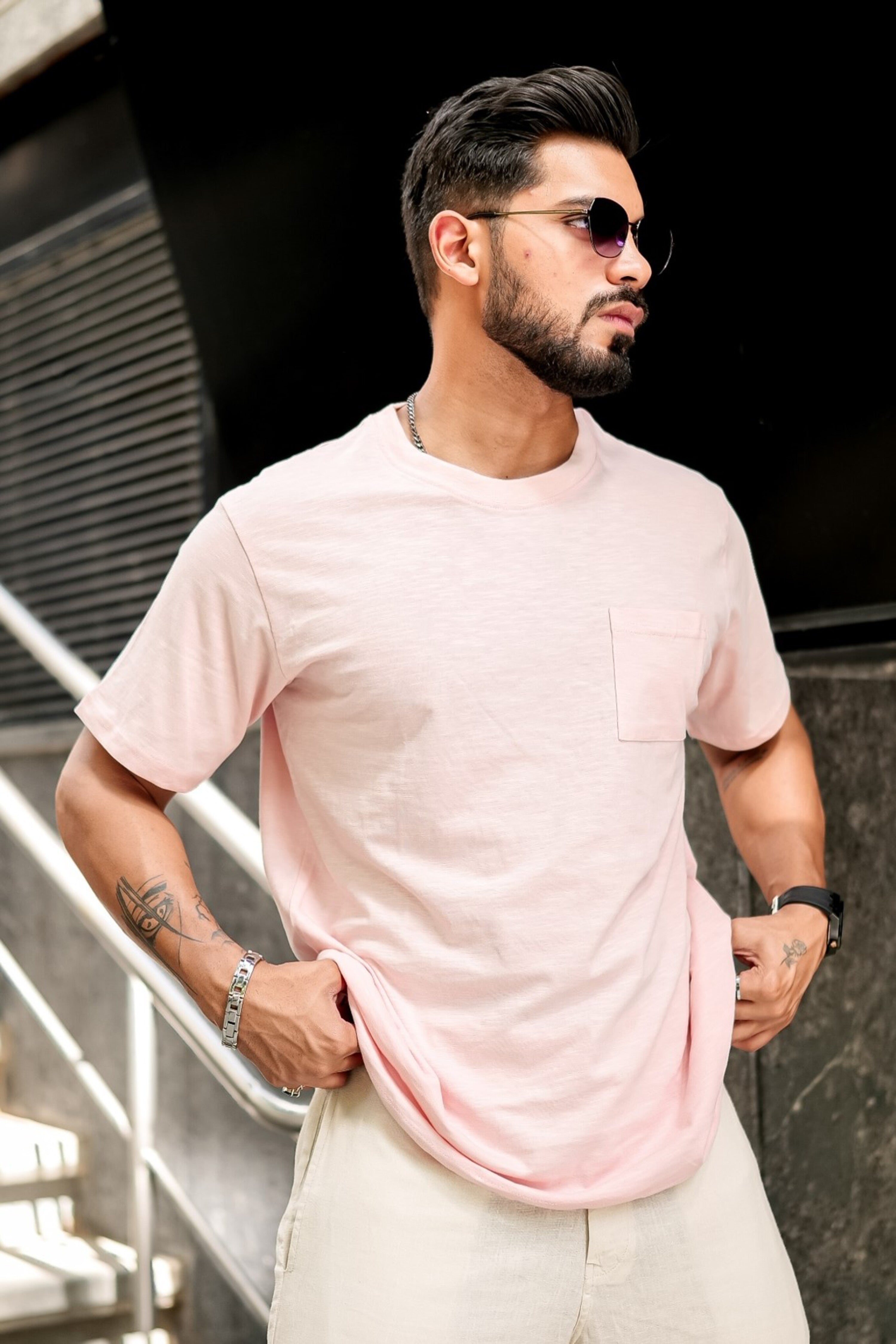 CORAL SLUB SELF DESIGN OVERSIZED T-SHIRT