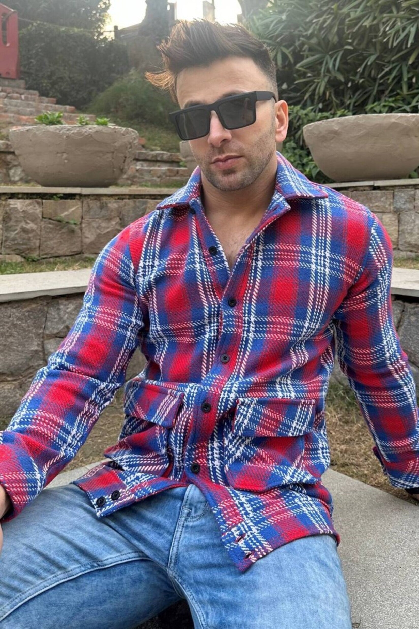 Red Blue Checked Double Pocket Over Shirt