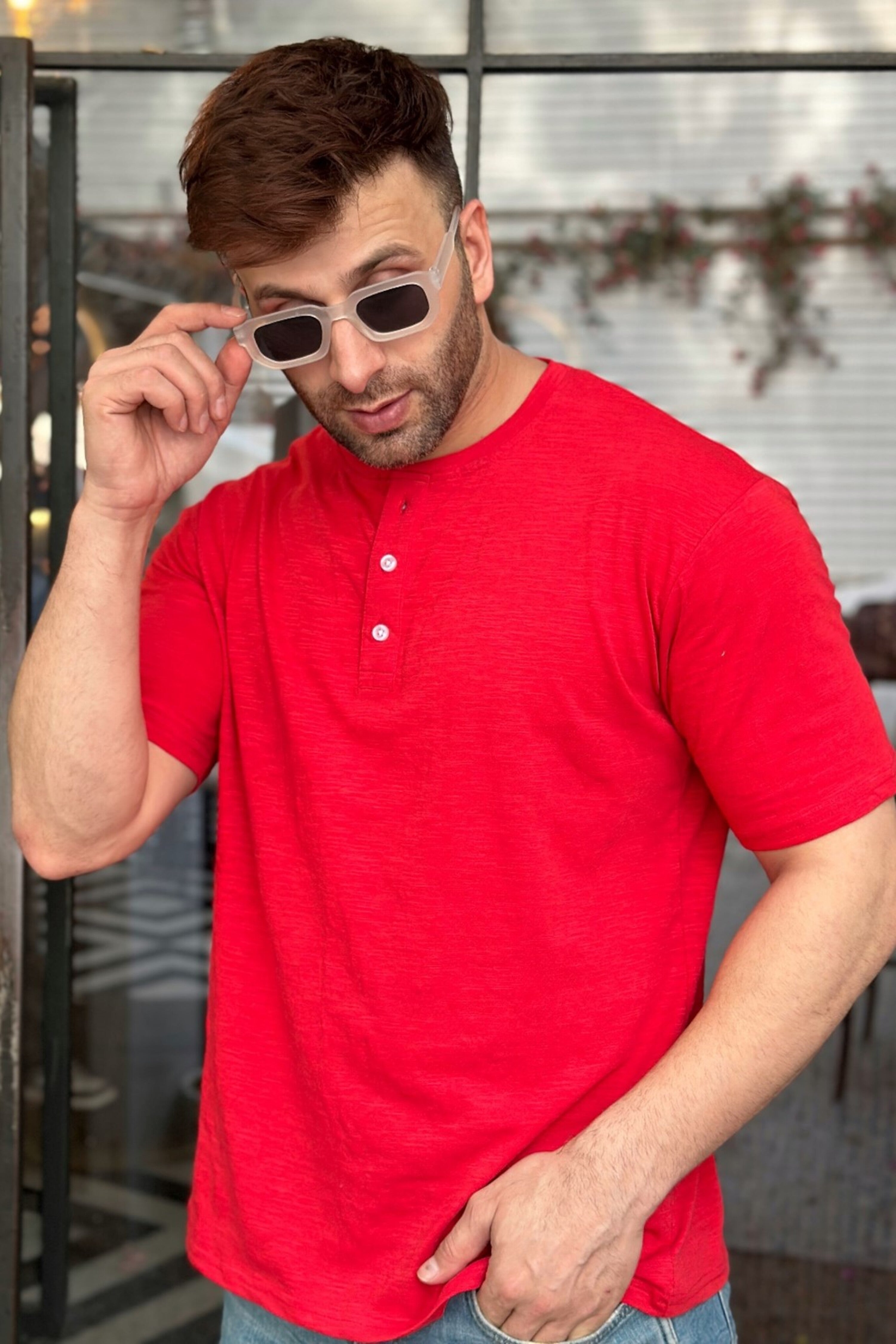 Red Self Design Henley Neck Cotton T-Shirt