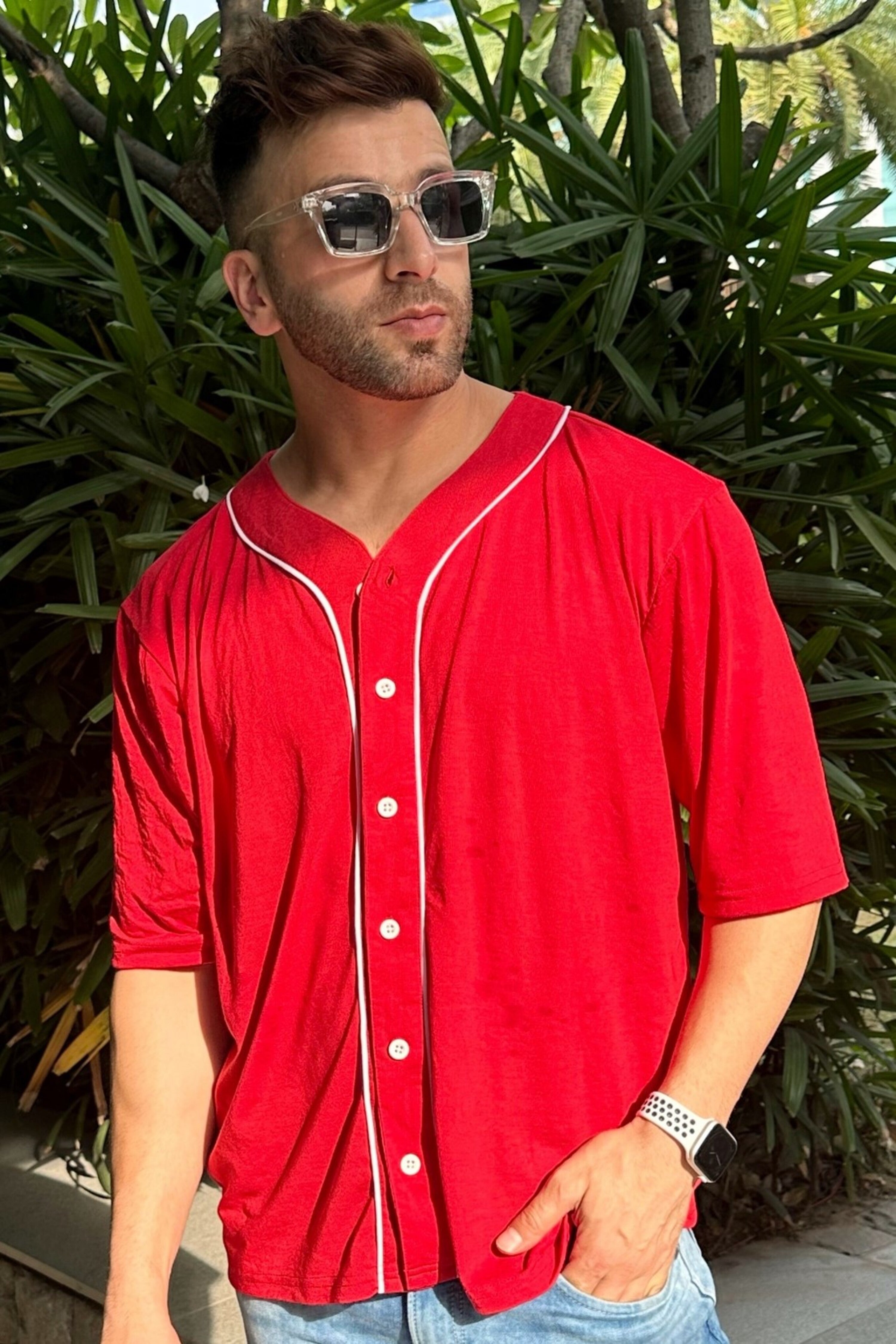 Red Oversized Tapping Knitted Shirt