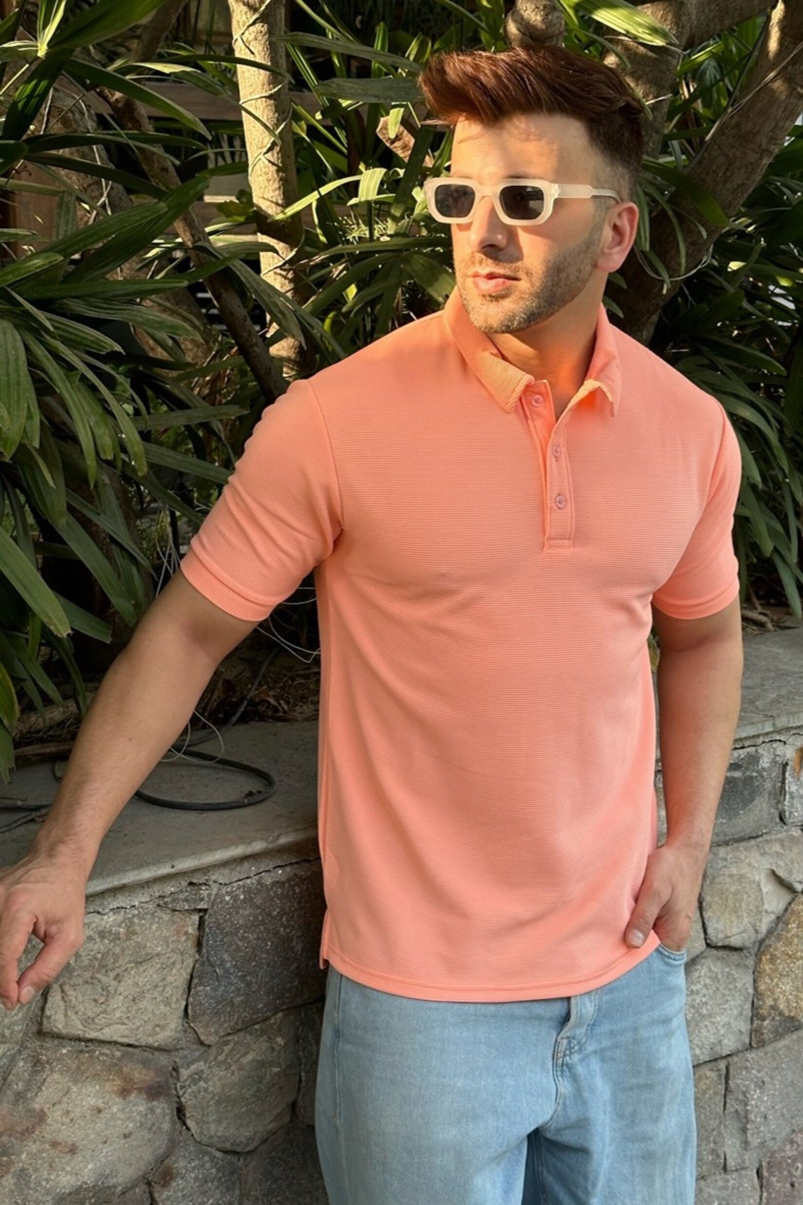 Coral Textured Polo T-Shirt