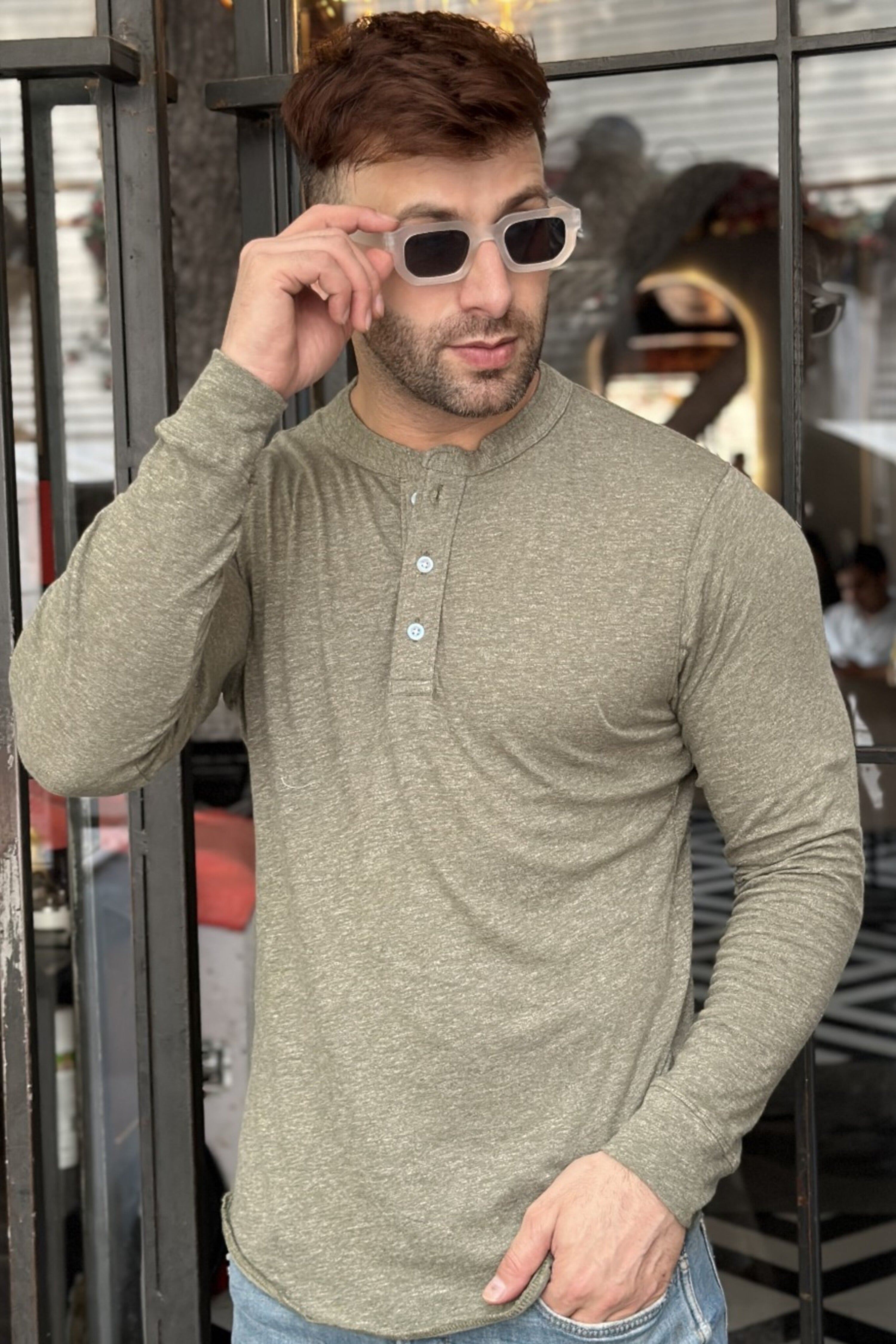 Olive Self Design Henley Neck T-Shirt