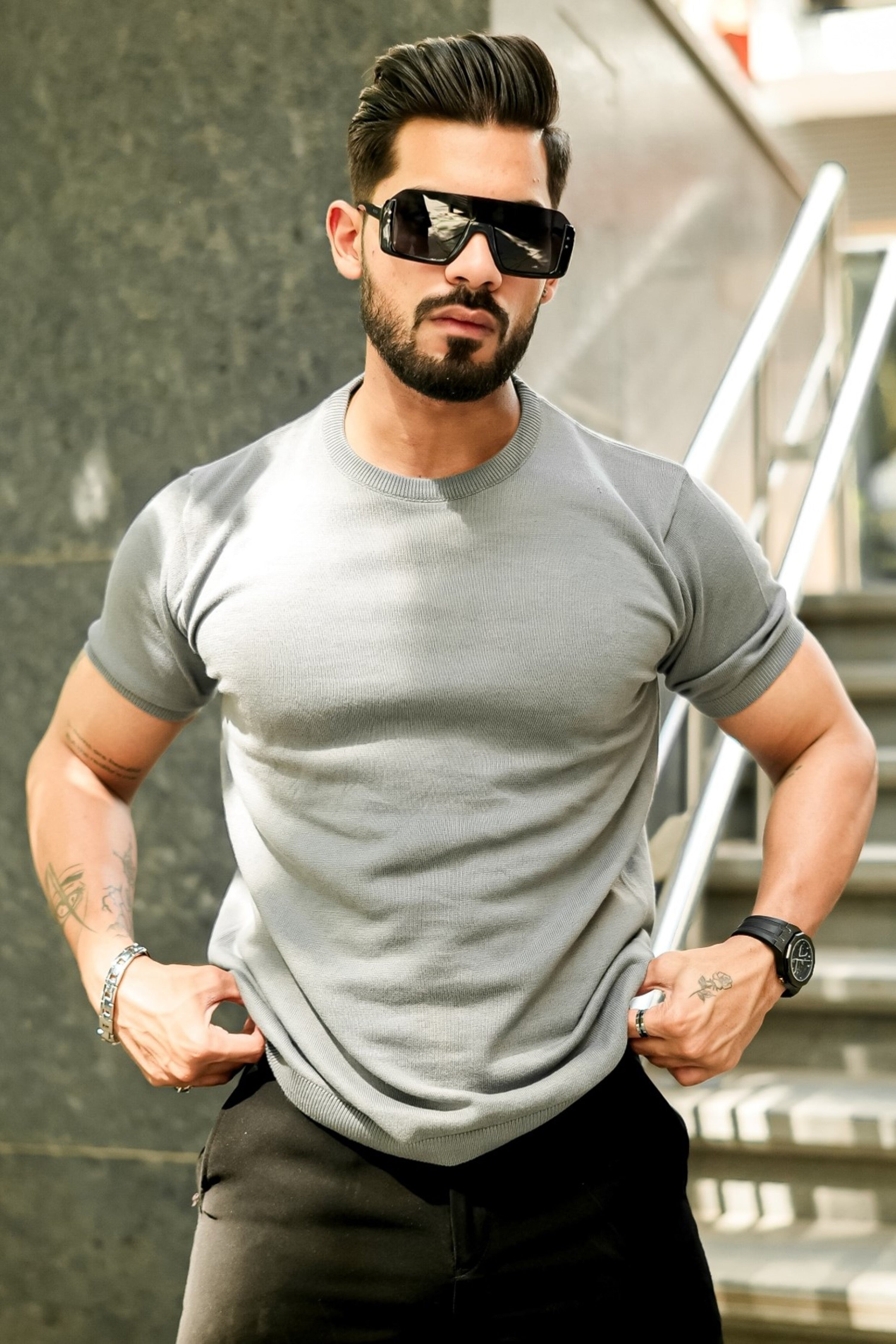 Grey Premium Flat Knit Round Neck T-Shirt