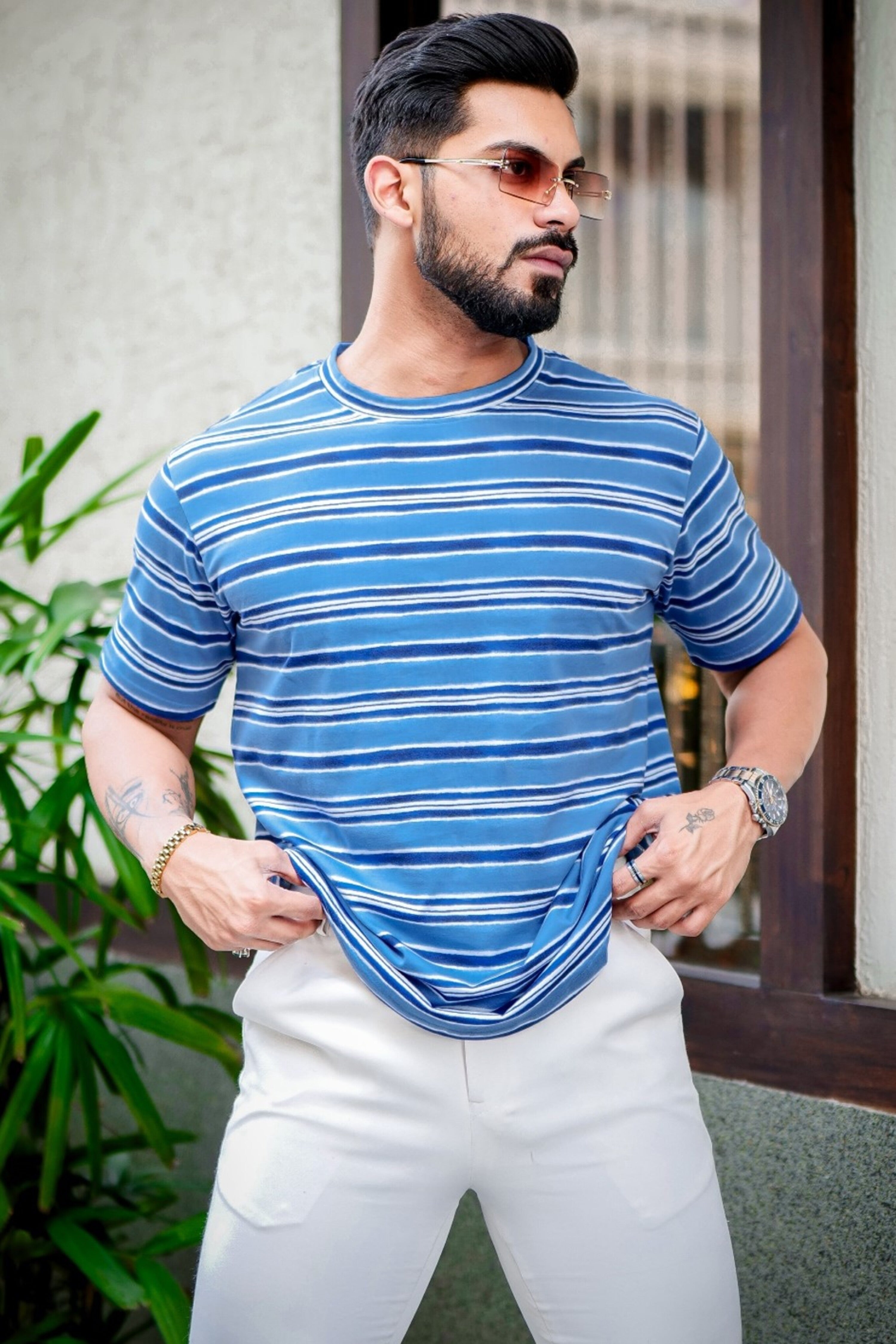 Blue Horizontal Stripes Cotton T-Shirt