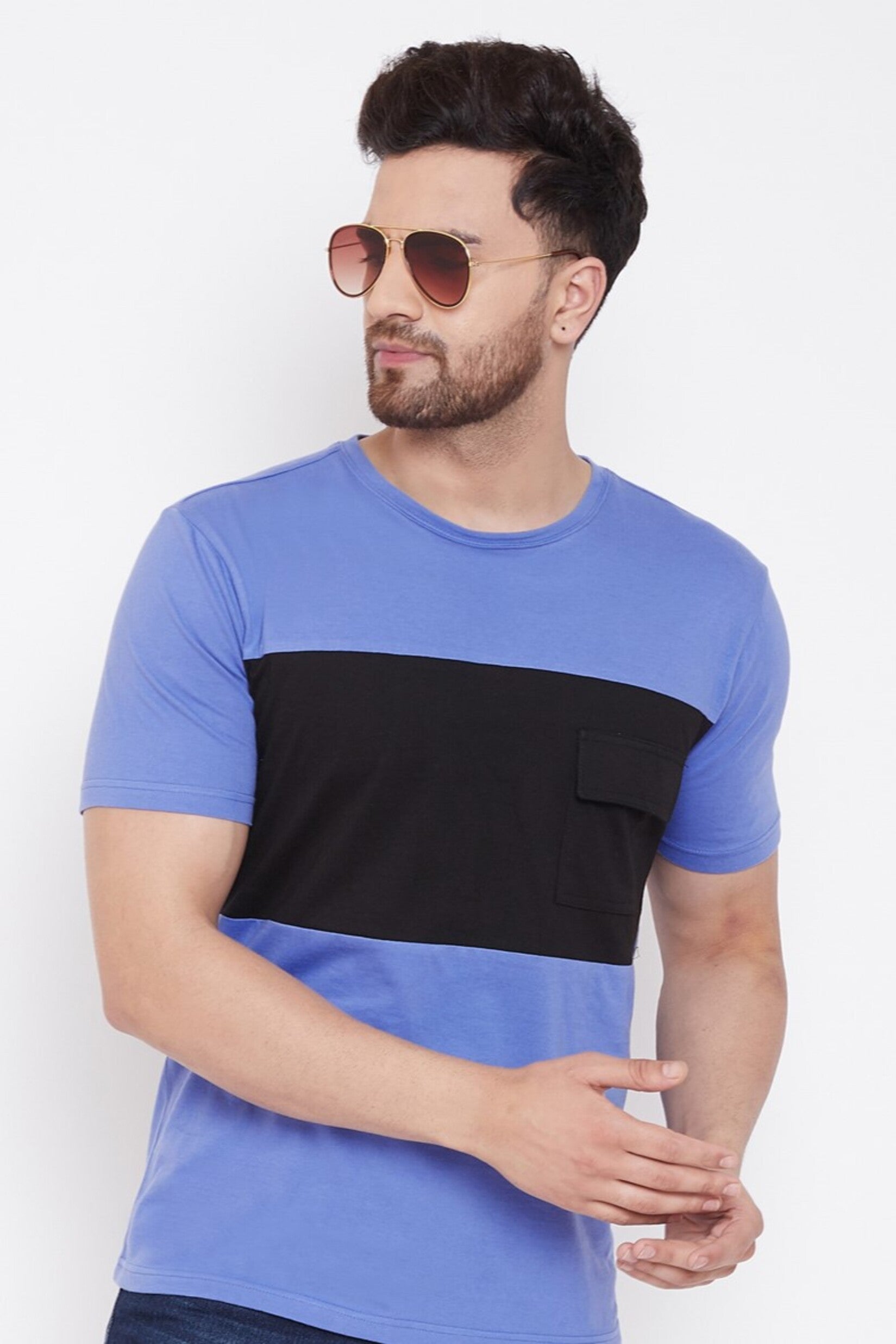 Blue/Black Men's Half Sleeves Round Neck T-Shirt