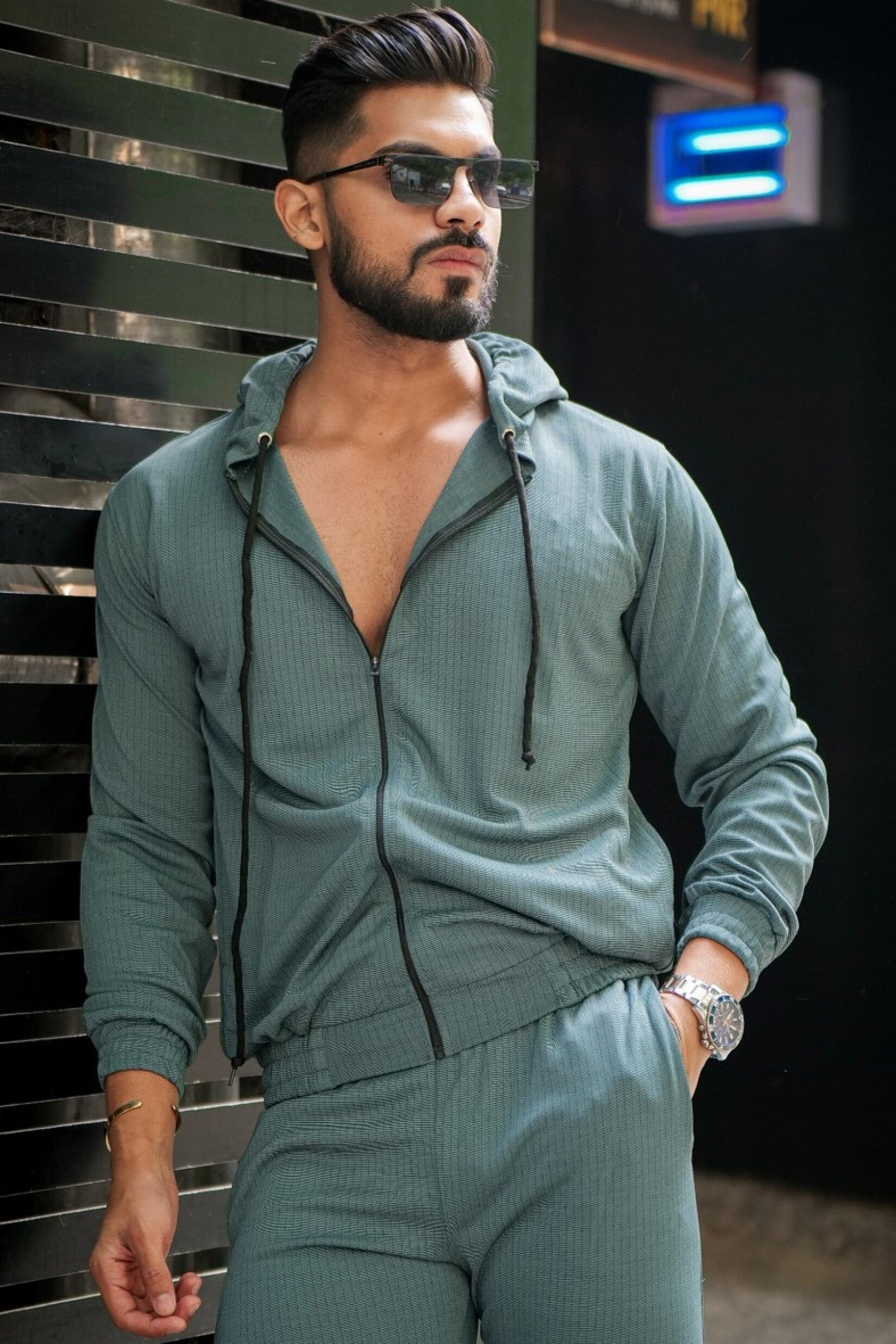 Green Hooded Zipper Tracksuit Co-Ord