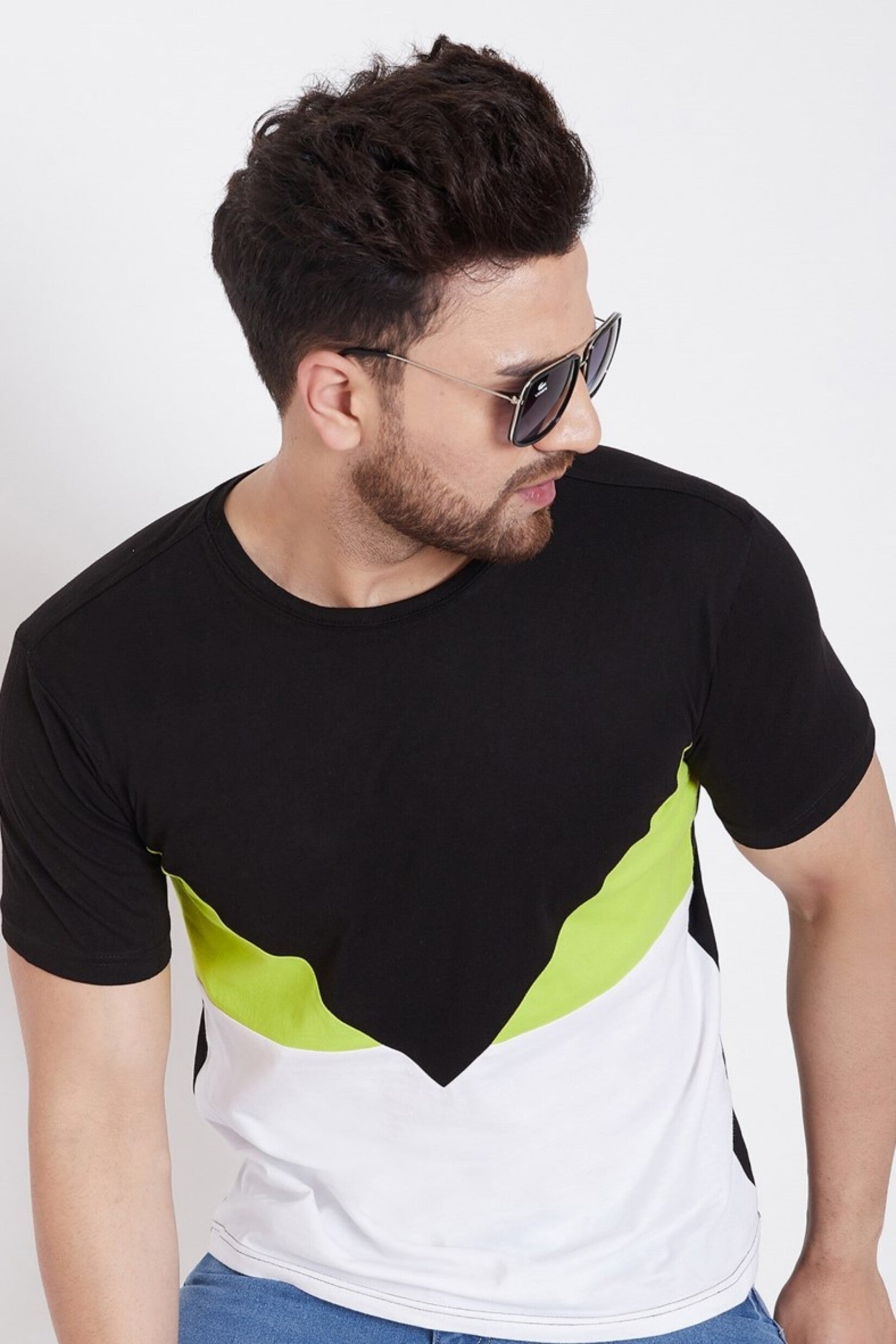 Black/Neon Green/White Color Block Men's Full Sleeve Round Neck T-Shirt