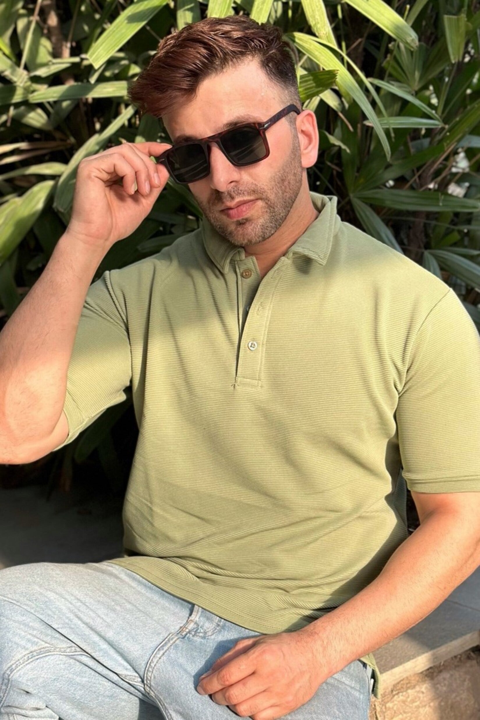 Green Textured Polo T-Shirt