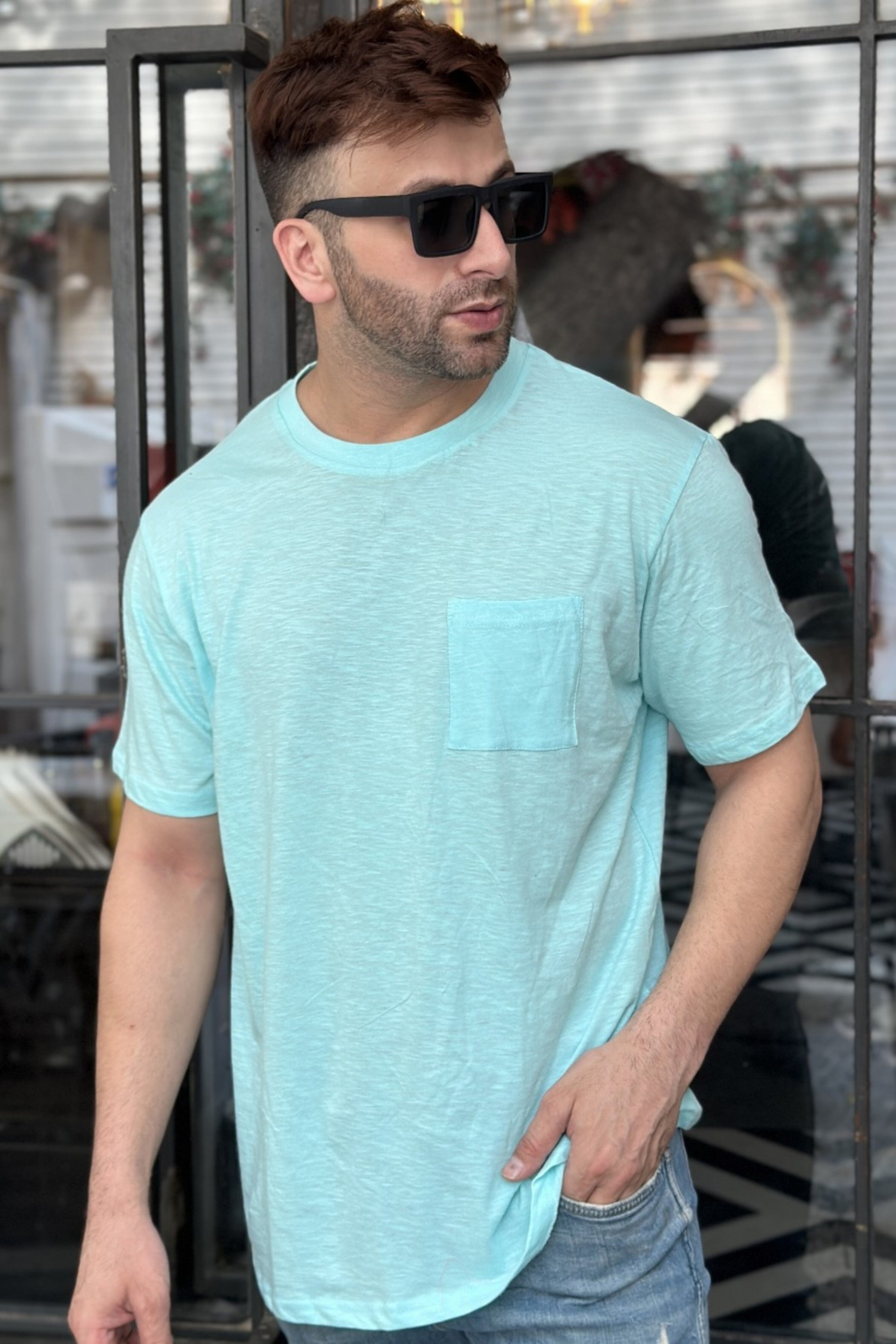 Sky Blue Cotton Slub Pocket T-Shirt