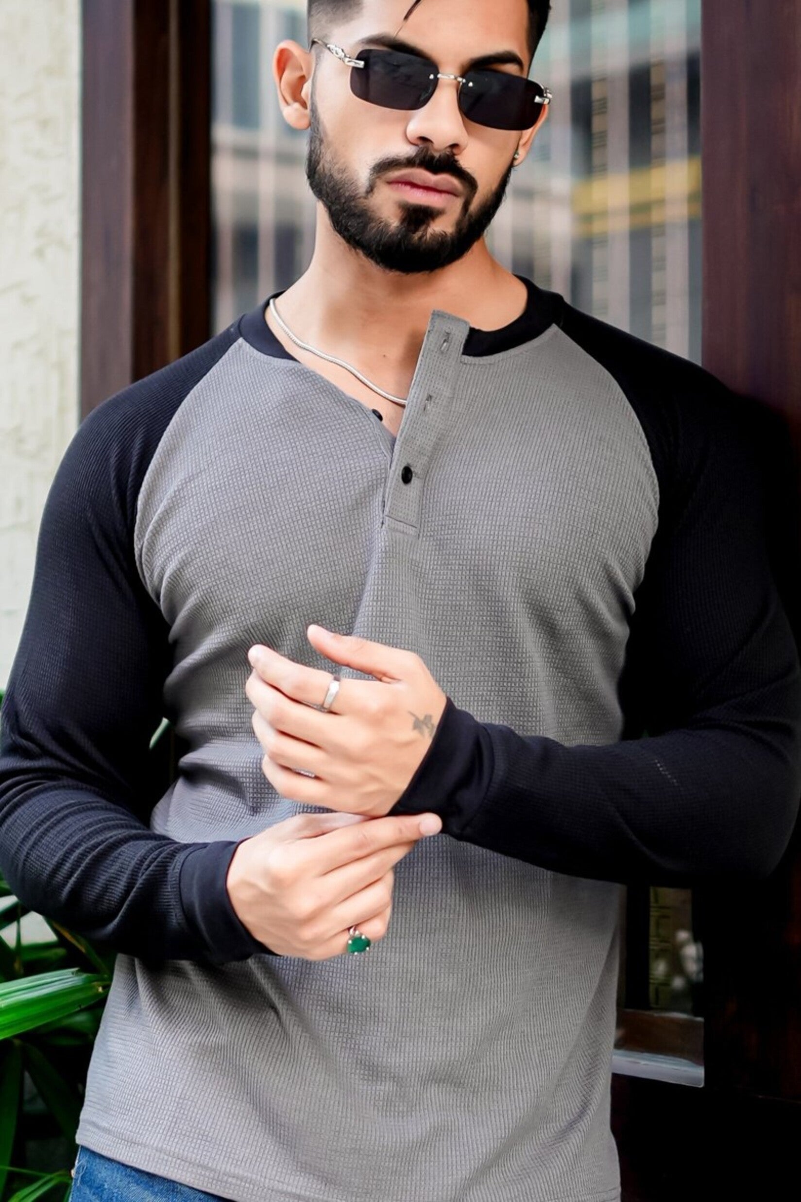 Grey Black Waffle Ranglan Full Sleeve T-Shirt