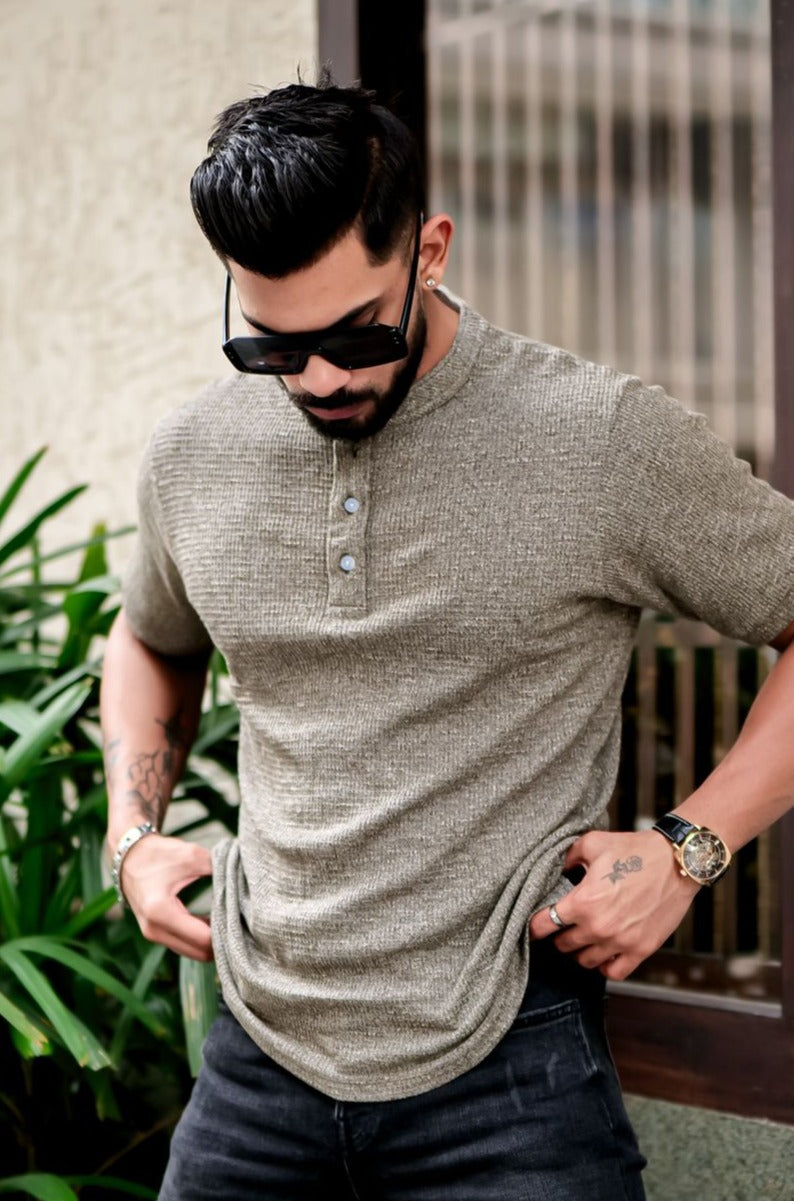 Grey Half Sleeves Self Design Henley T-shirt