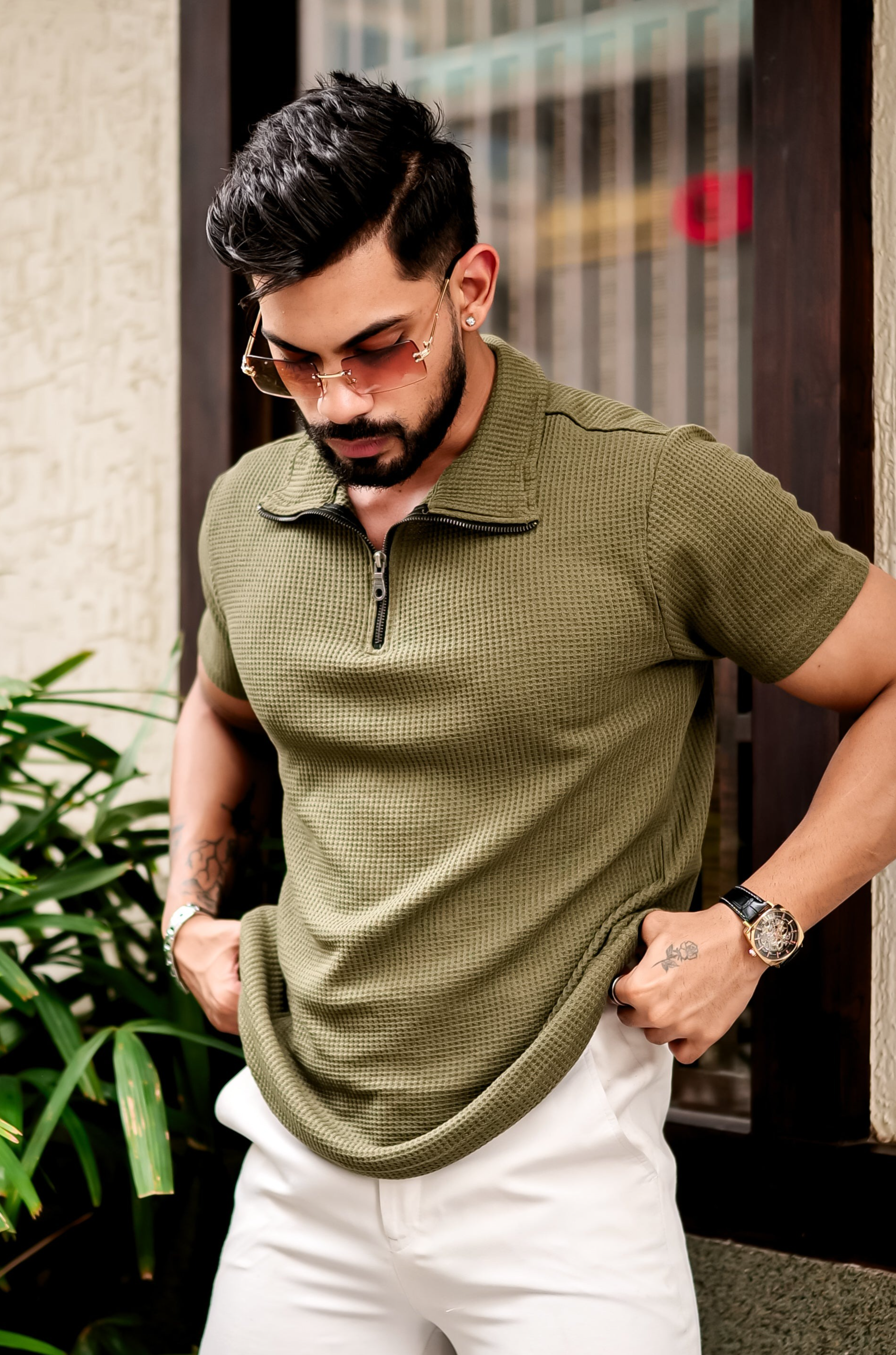 Olive Self Design Waffle Zipper T-Shirt