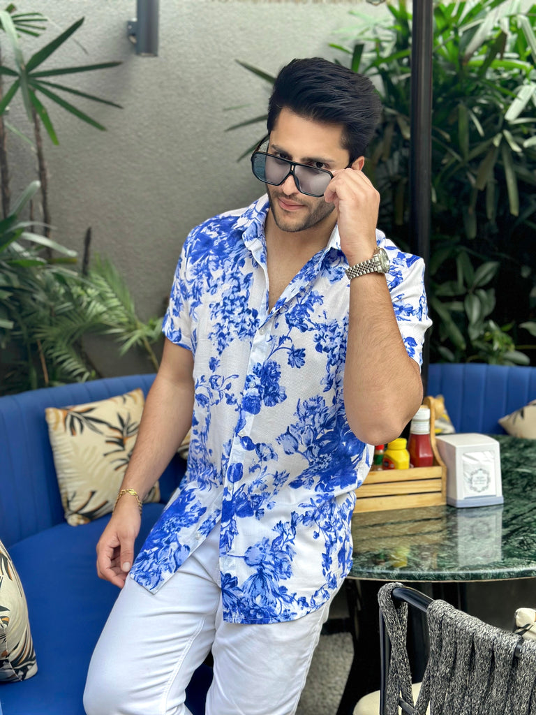 Navy Blue and Green Floral Printed Shirt