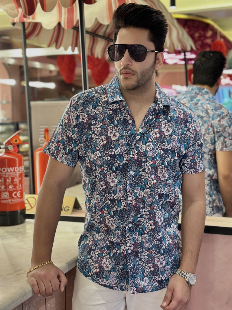 Navy Blue and Green Floral Printed Shirt